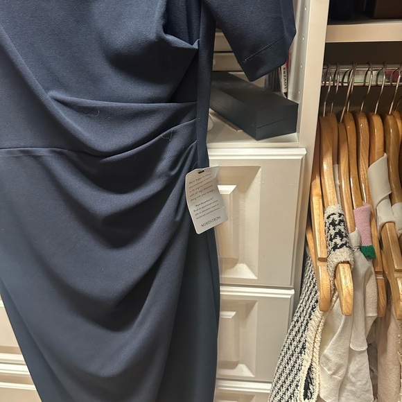 Maggy London asymmetrical neckline sheath midi dress in navy - Picture 4 of 7